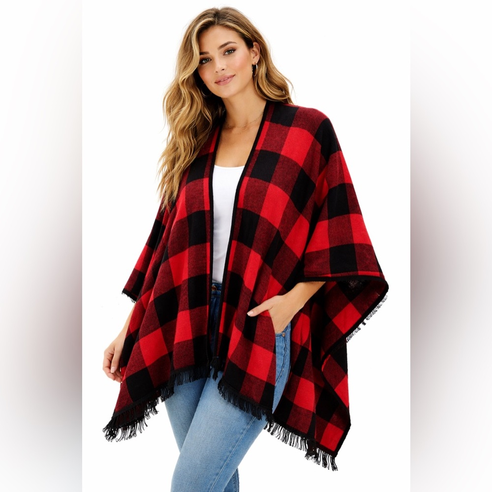 Kensie Red Black Buffalo Plaid Open Front Poncho Wrap One Size NWT - Picture 1 of 11